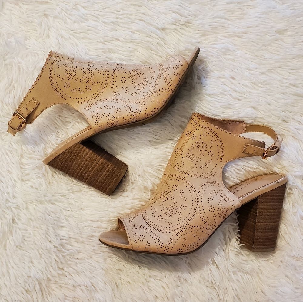 Tan Peep-Toe Block Heel Sandals